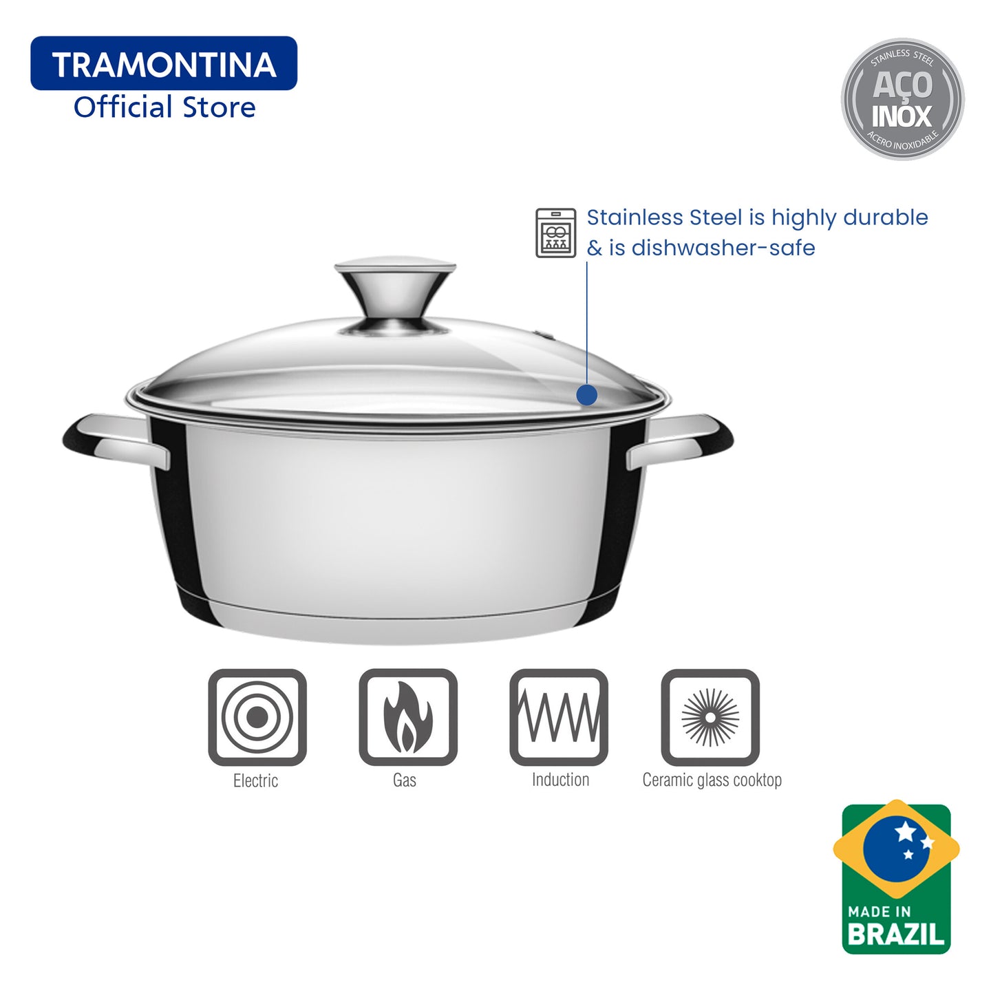 Tramontina Stainless Steel Pot/Casserole 24cm (Allegra)