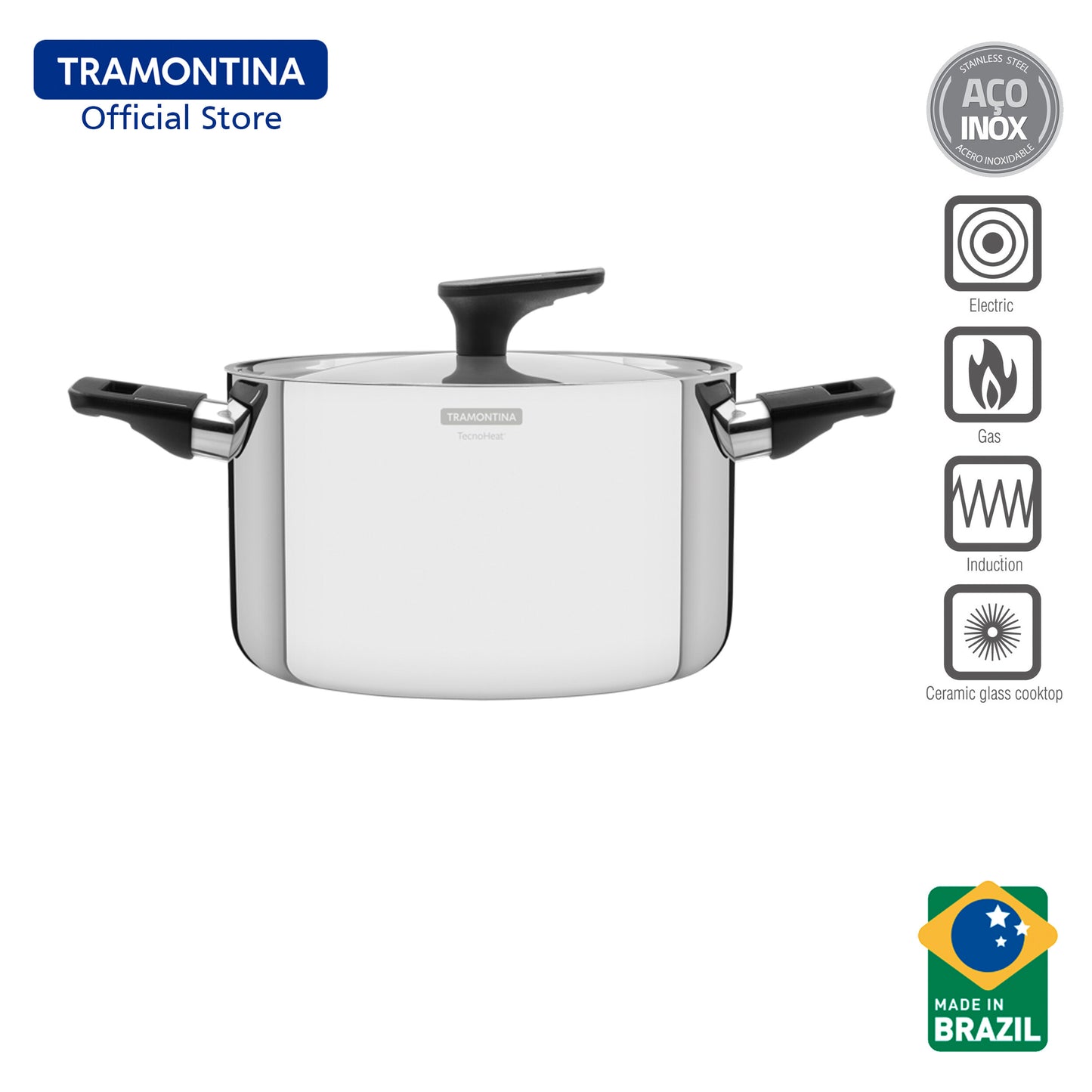 Tramontina Stainless Steel Deep Pot/Casserole with Triple-ply Body 20 or 24cm (Grano)