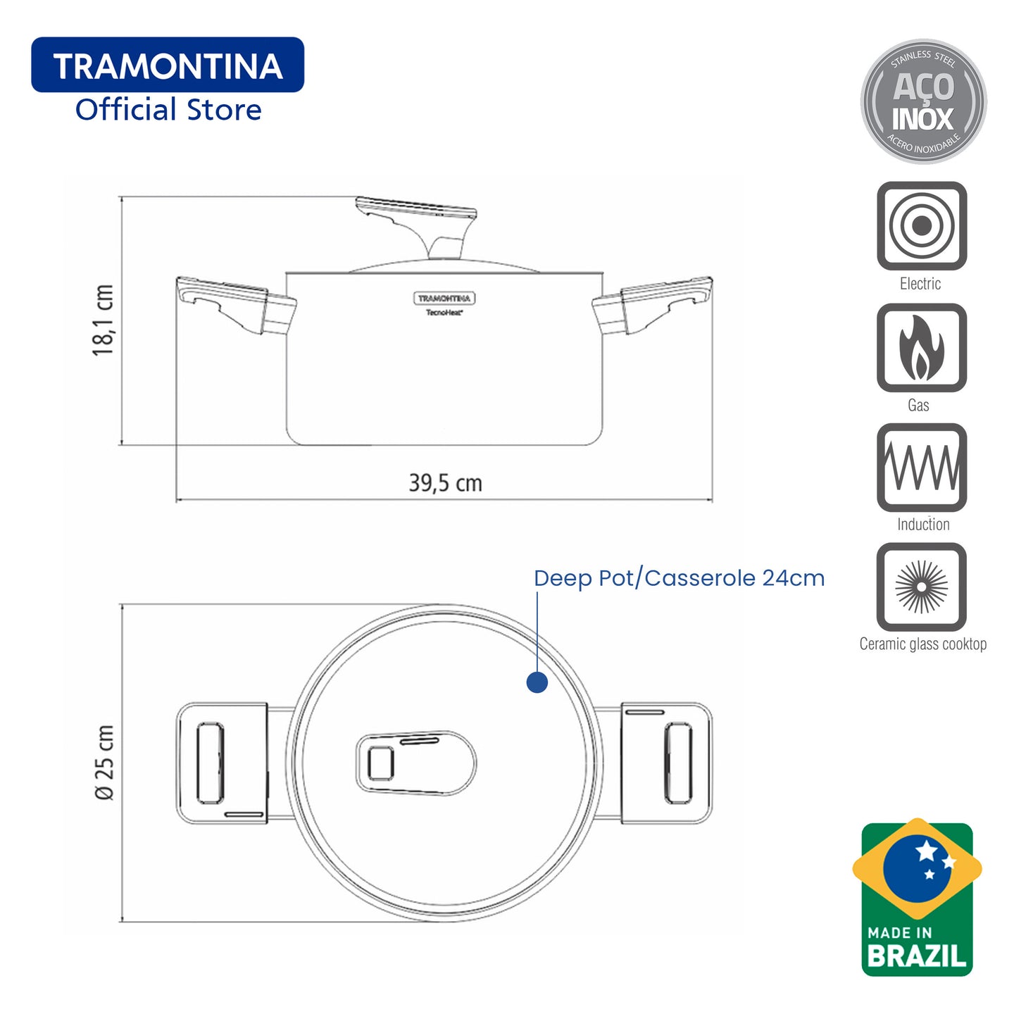 Tramontina Stainless Steel Deep Pot/Casserole with Triple-ply Body 20 or 24cm (Grano)