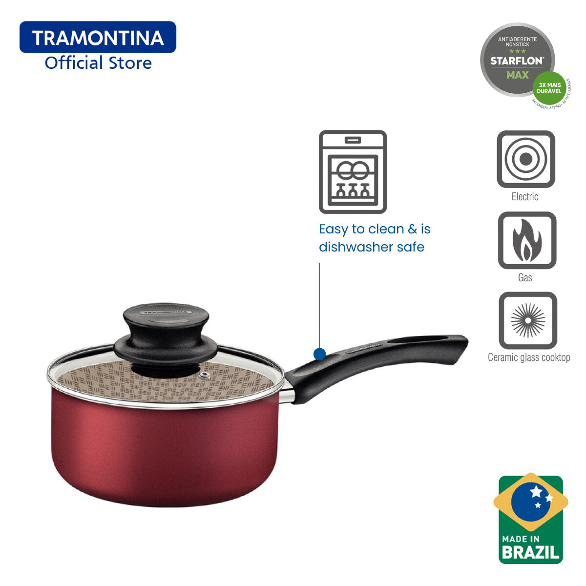 Tramontina Non Stick Sauce Pan with Tempered Glass Lid 16cm (Paris)