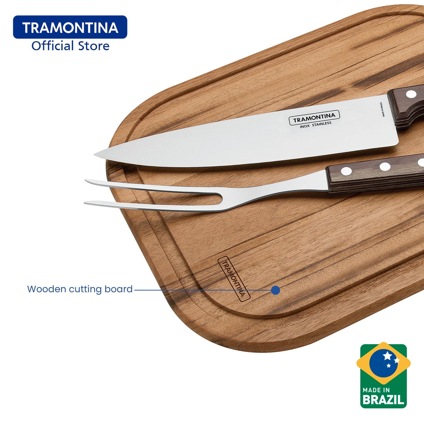 Tramontina Barbecue Knife with Wooden Cutting Board Set 3pcs (Polywood)