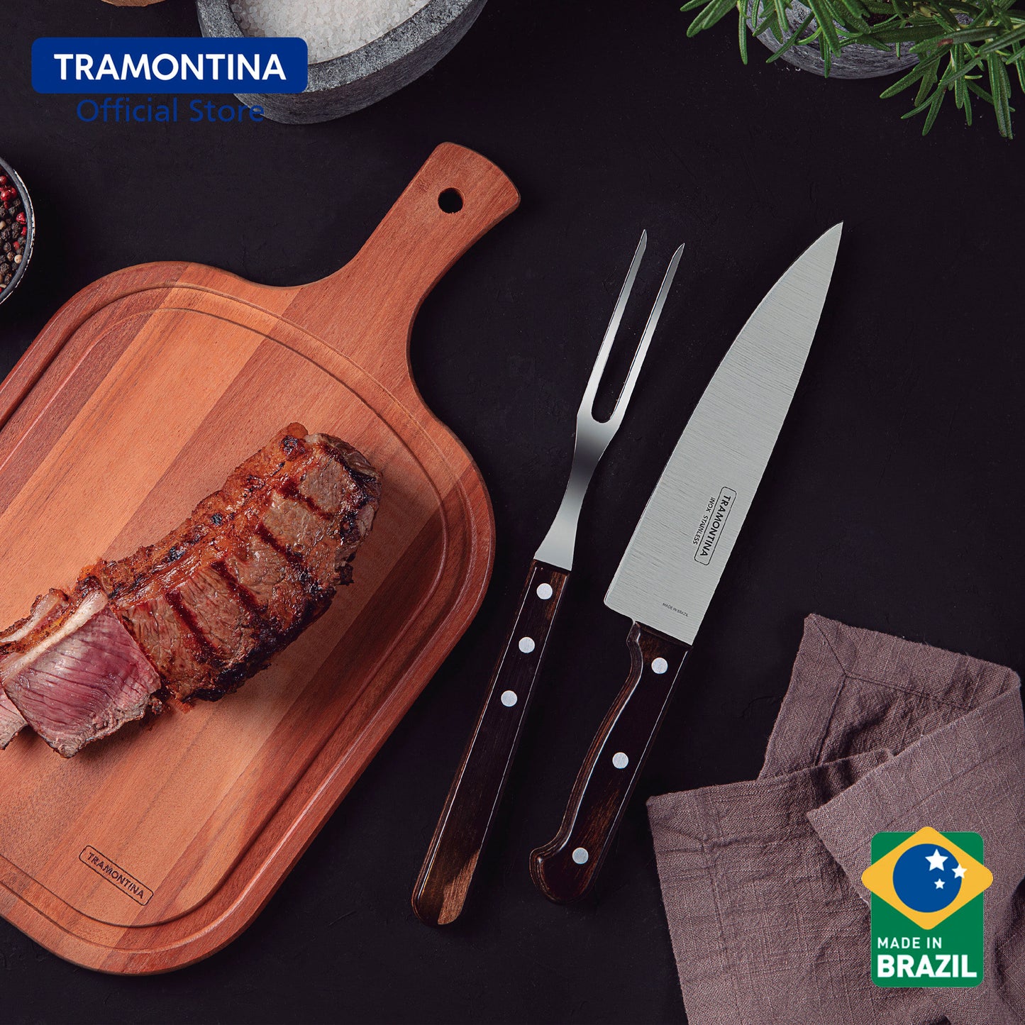 Tramontina Barbecue Knife with Wooden Cutting Board Set 3pcs (Polywood)