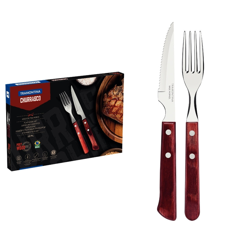 Tramontina Dining Barbecue Fork & Knife Set 12pcs (Churrasco) Red or Brown