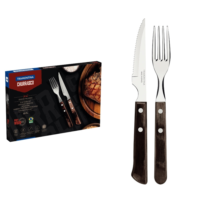 Tramontina Dining Barbecue Fork & Knife Set 12pcs (Churrasco) Red or Brown