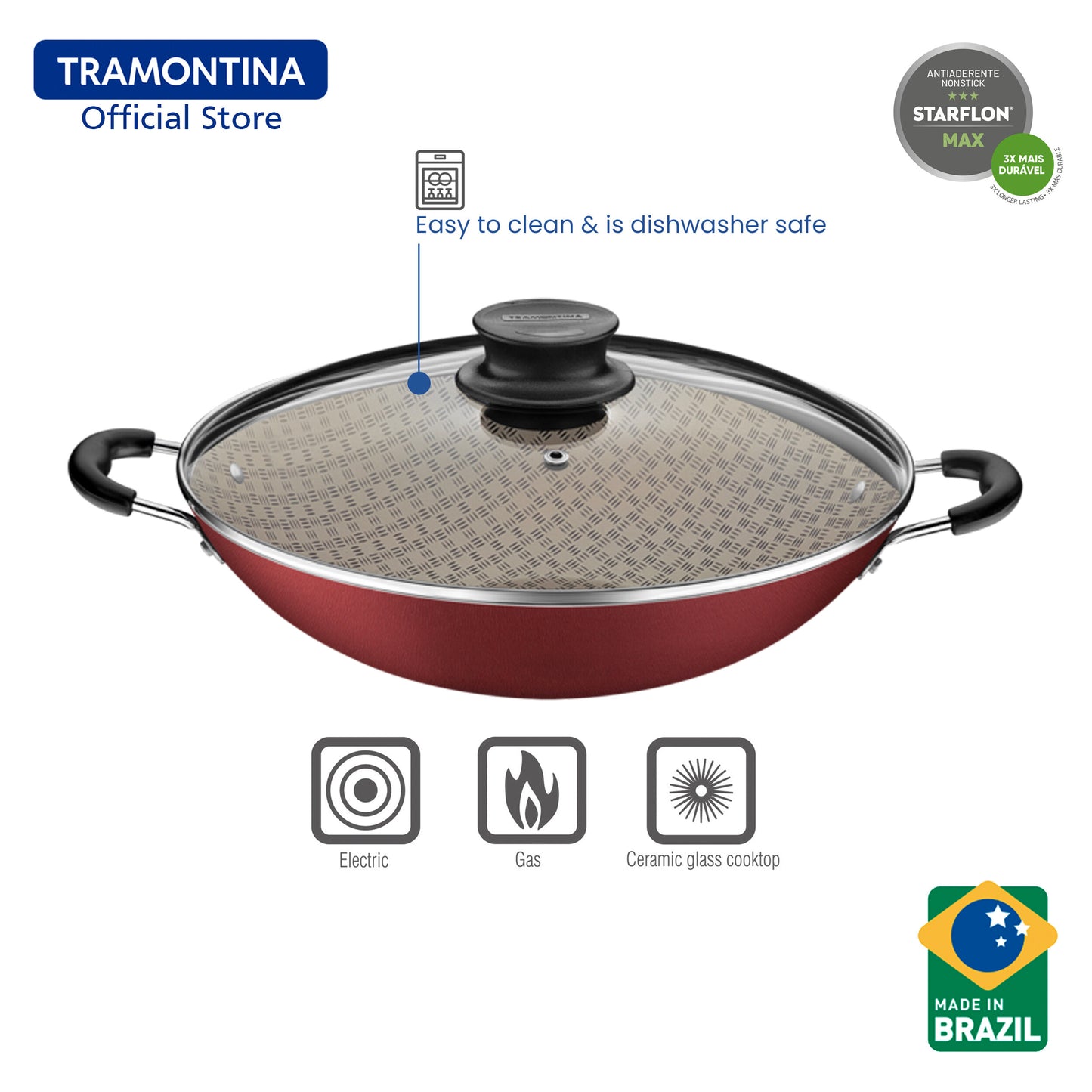 Tramontina Non Stick Chinese Wok with Lid 32cm (Paris)