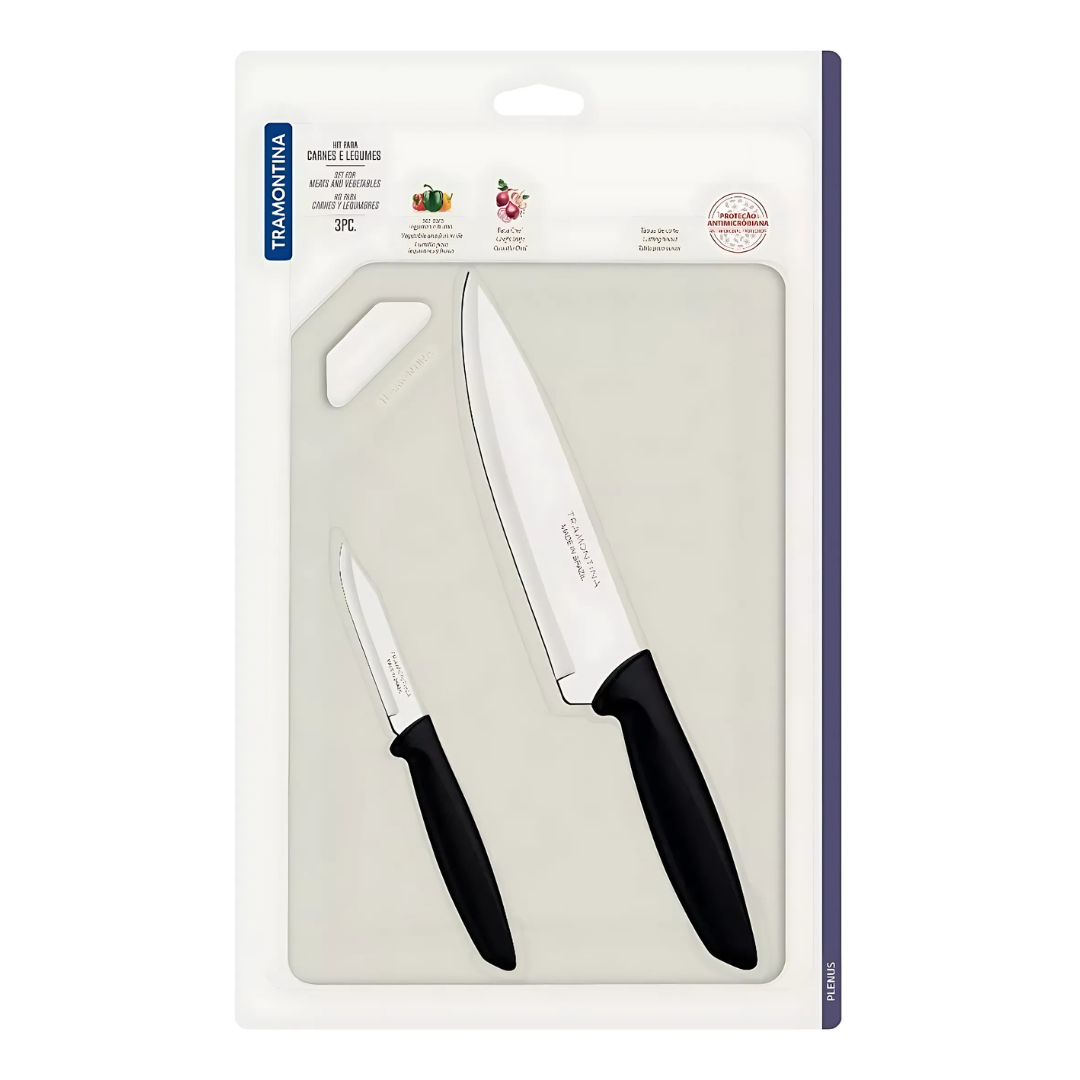 Tramontina 3 Pcs Set - Stainless Steel Chef's Knife 7"/Vegetable & Fruit Knife 3"/Polypropylene Cutting Board (Plenus)