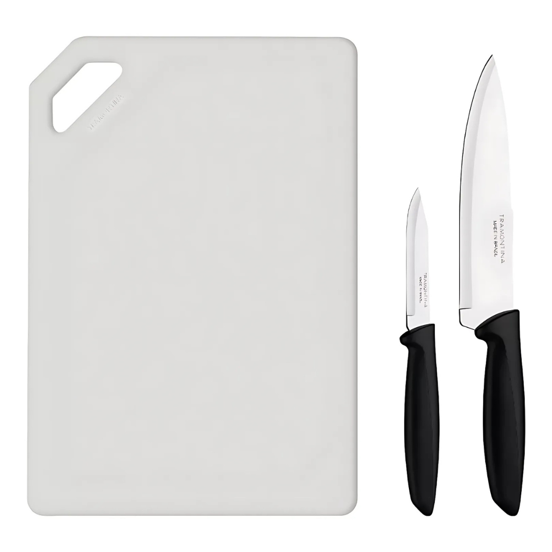 Tramontina 3 Pcs Set - Stainless Steel Chef's Knife 7"/Vegetable & Fruit Knife 3"/Polypropylene Cutting Board (Plenus)