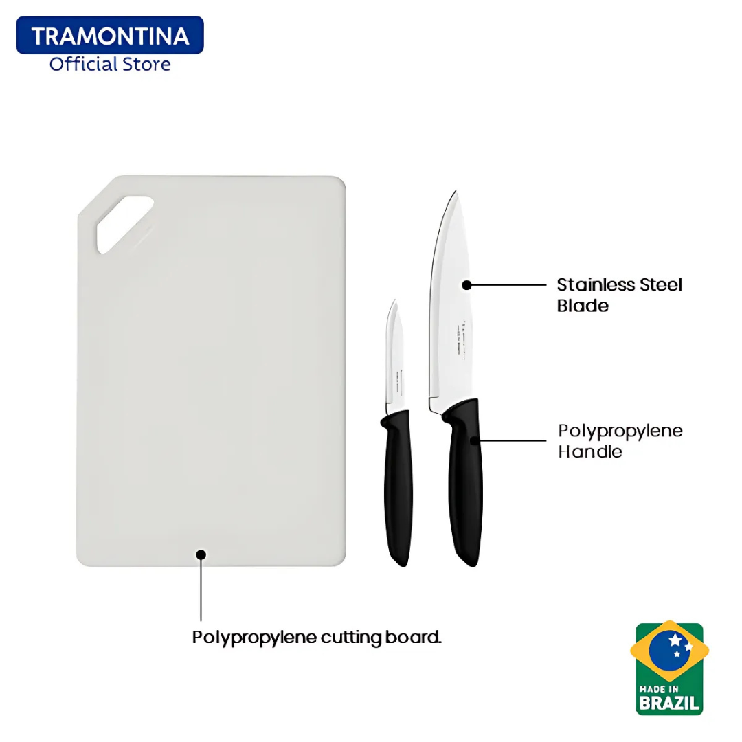 Tramontina 3 Pcs Set - Stainless Steel Chef's Knife 7"/Vegetable & Fruit Knife 3"/Polypropylene Cutting Board (Plenus)