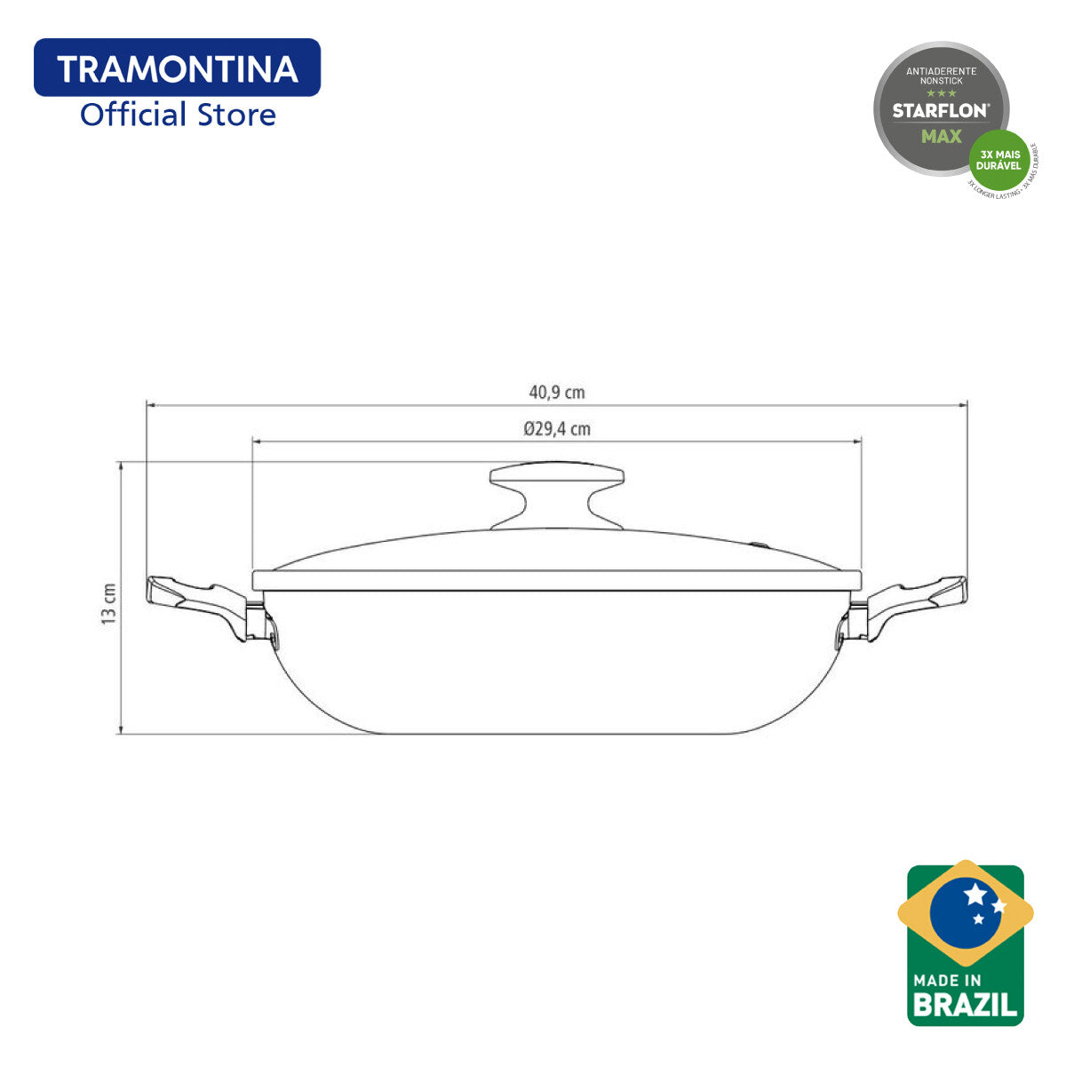 Tramontina Non Stick Chinese Wok with Tempered Lid 28cm (Loreto)