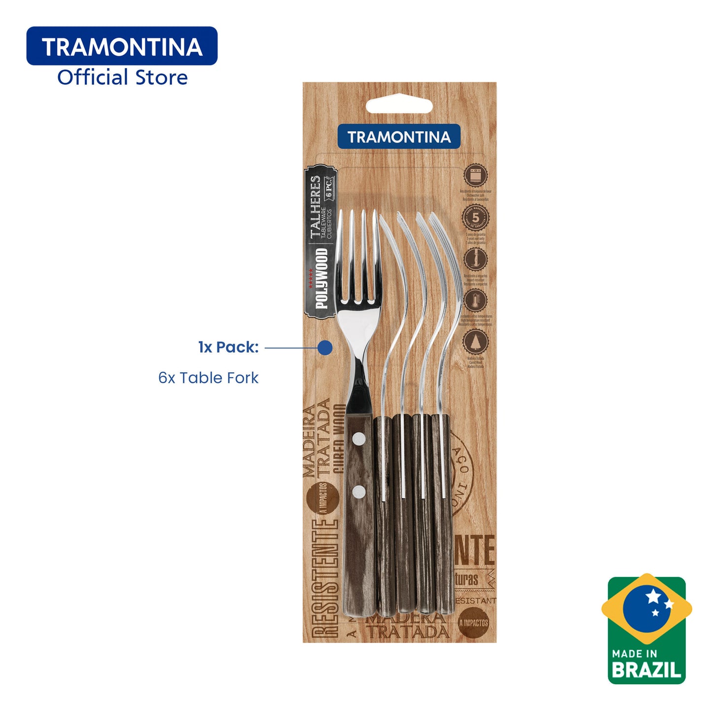 Tramontina Stainless Steel Dining Fork Set 6pcs (Polywood)