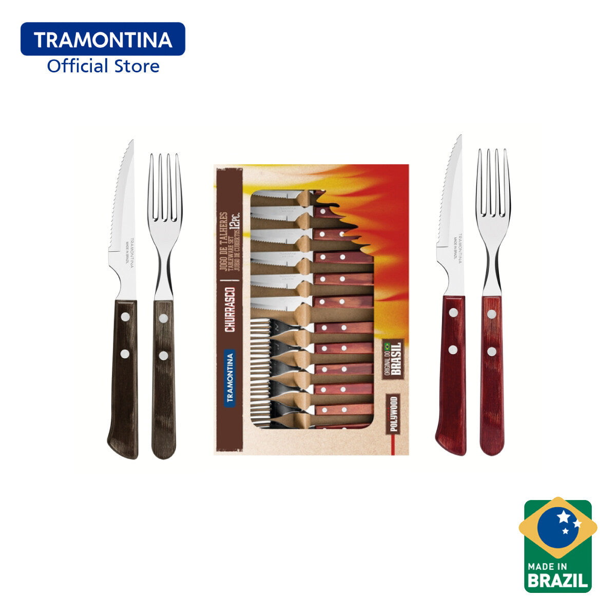 Tramontina Dining Barbecue Fork & Knife Set 12pcs (Churrasco) Red or Brown