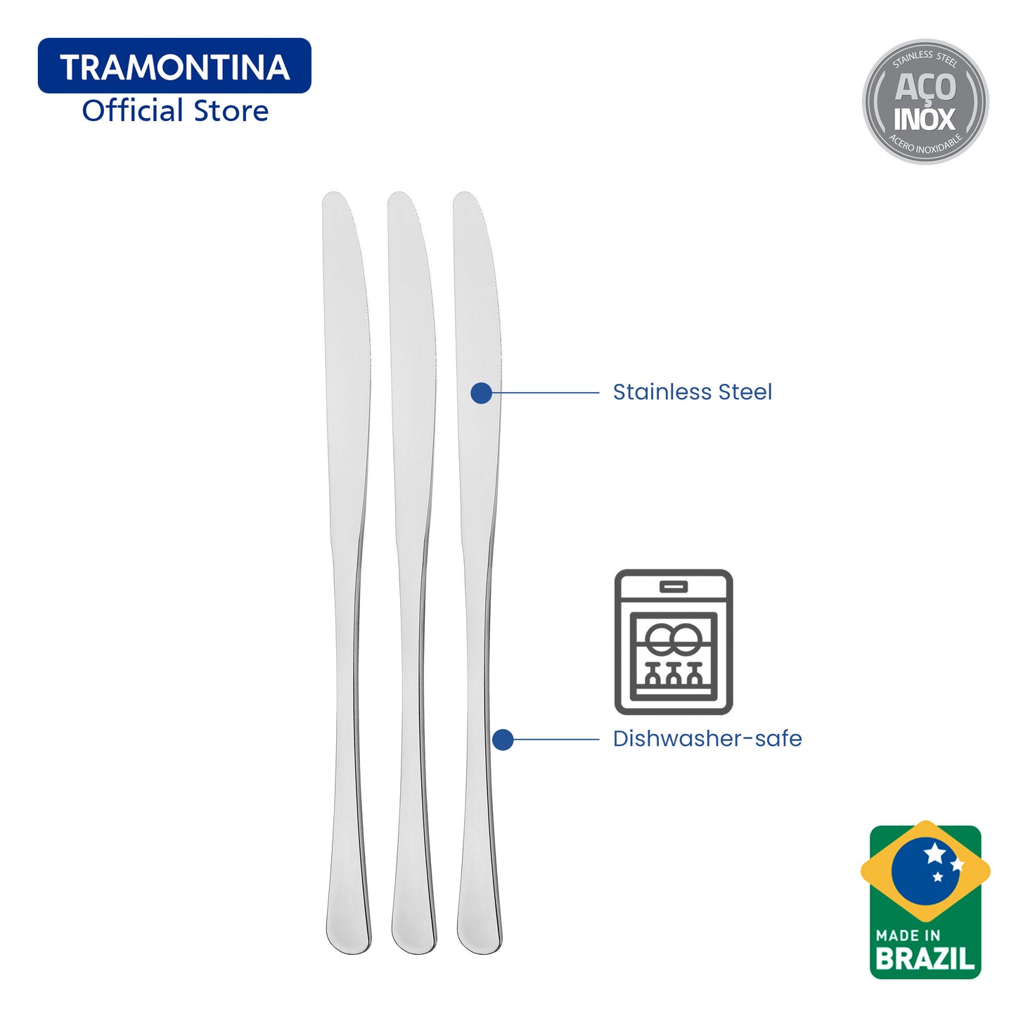 Tramontina Stainless Steel Table / Dining Knife Set 3pcs (Havana)