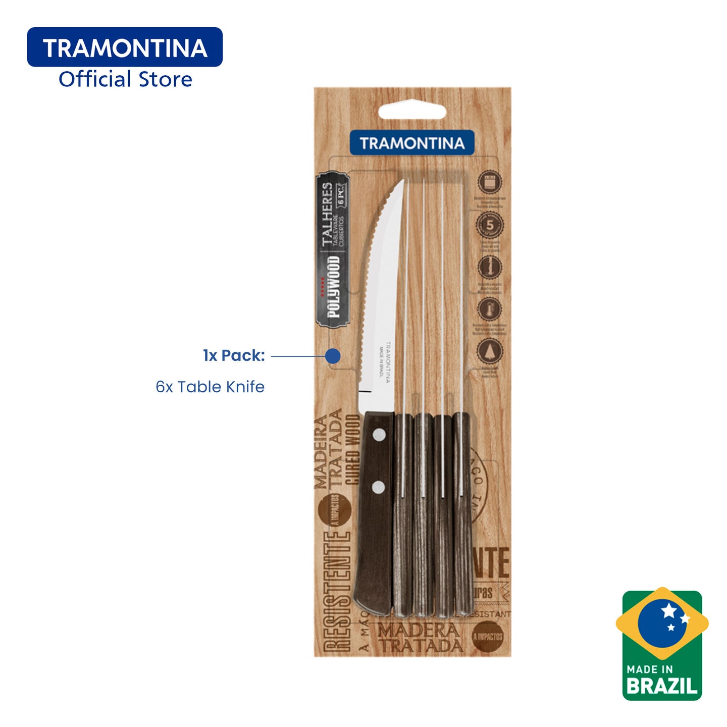 Tramontina Stainless Steel Steak Knife Set 6pcs (Polywood)