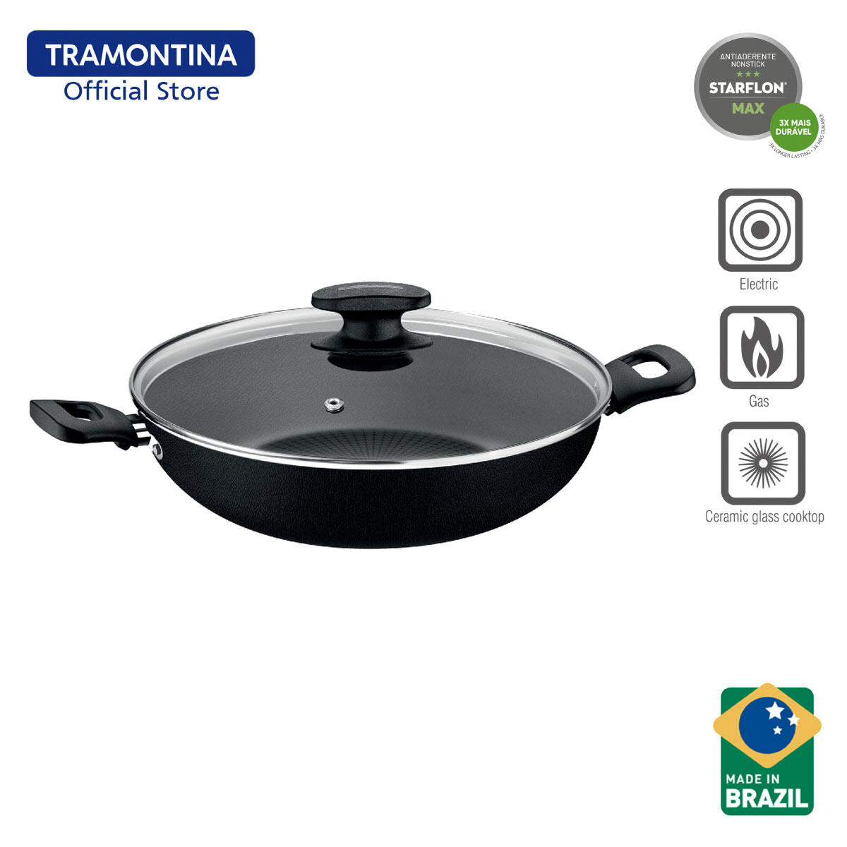 Tramontina Non Stick Chinese Wok with Tempered Lid 28cm (Loreto)