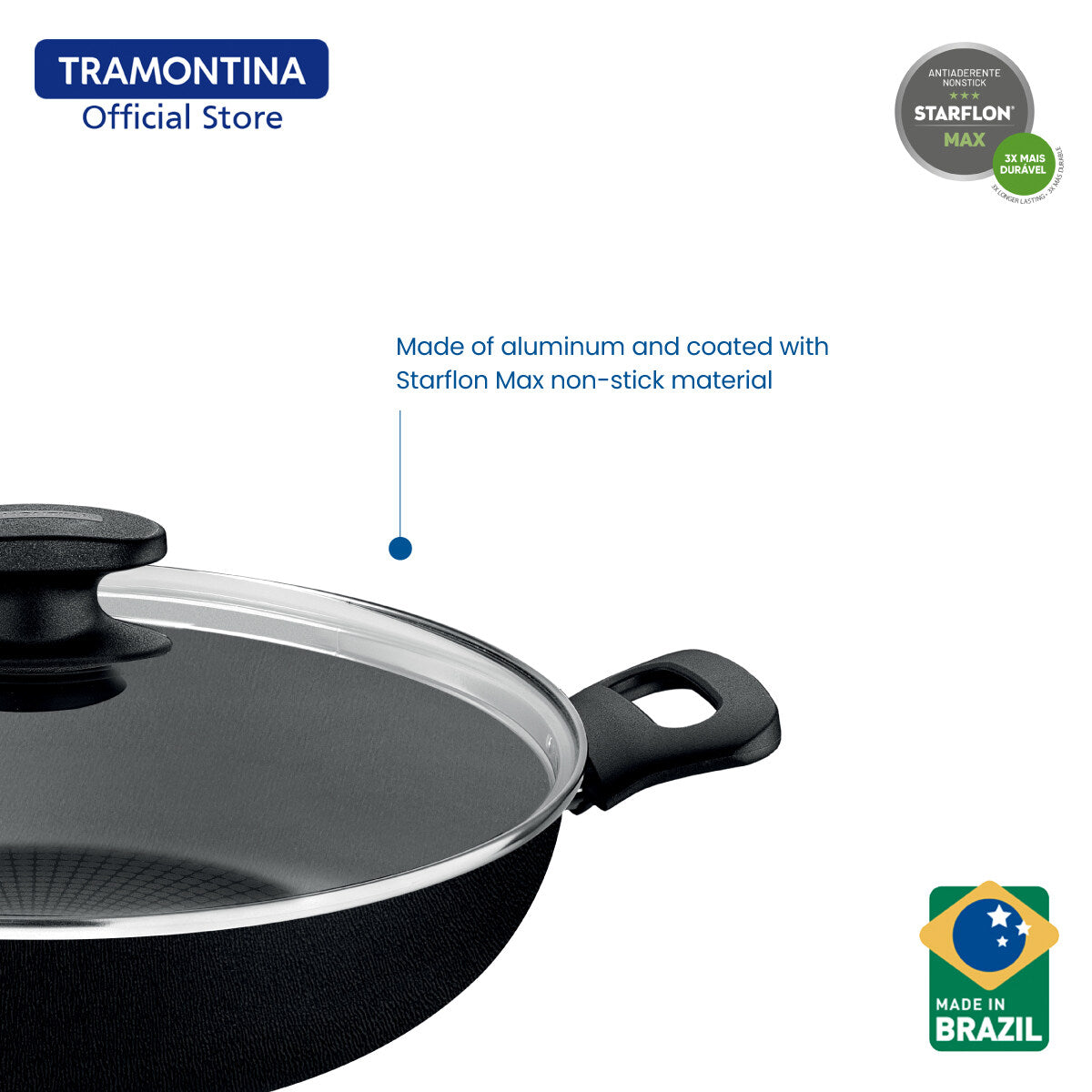 Tramontina Non Stick Chinese Wok with Tempered Lid 28cm (Loreto)