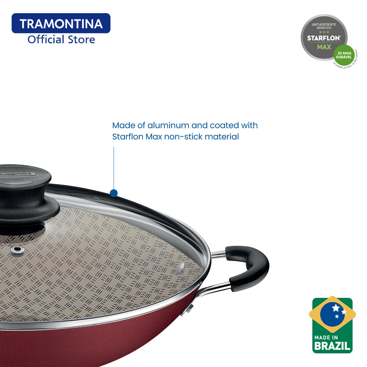 Tramontina Non Stick Chinese Wok with Tempered Lid 36cm (Paris)