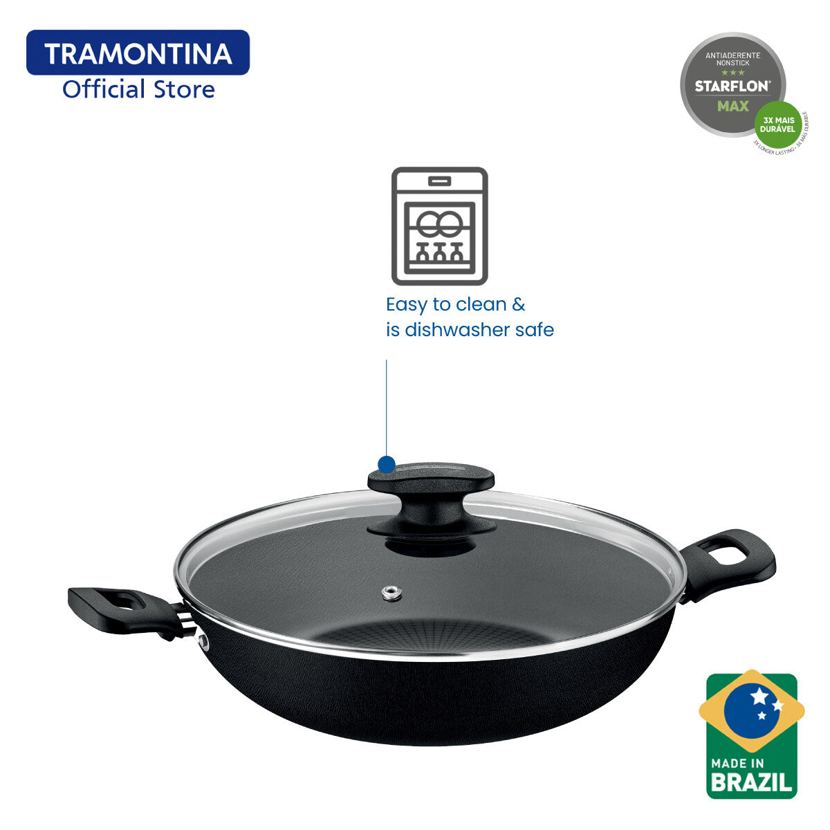 Tramontina Non Stick Chinese Wok with Tempered Lid 28cm (Loreto)