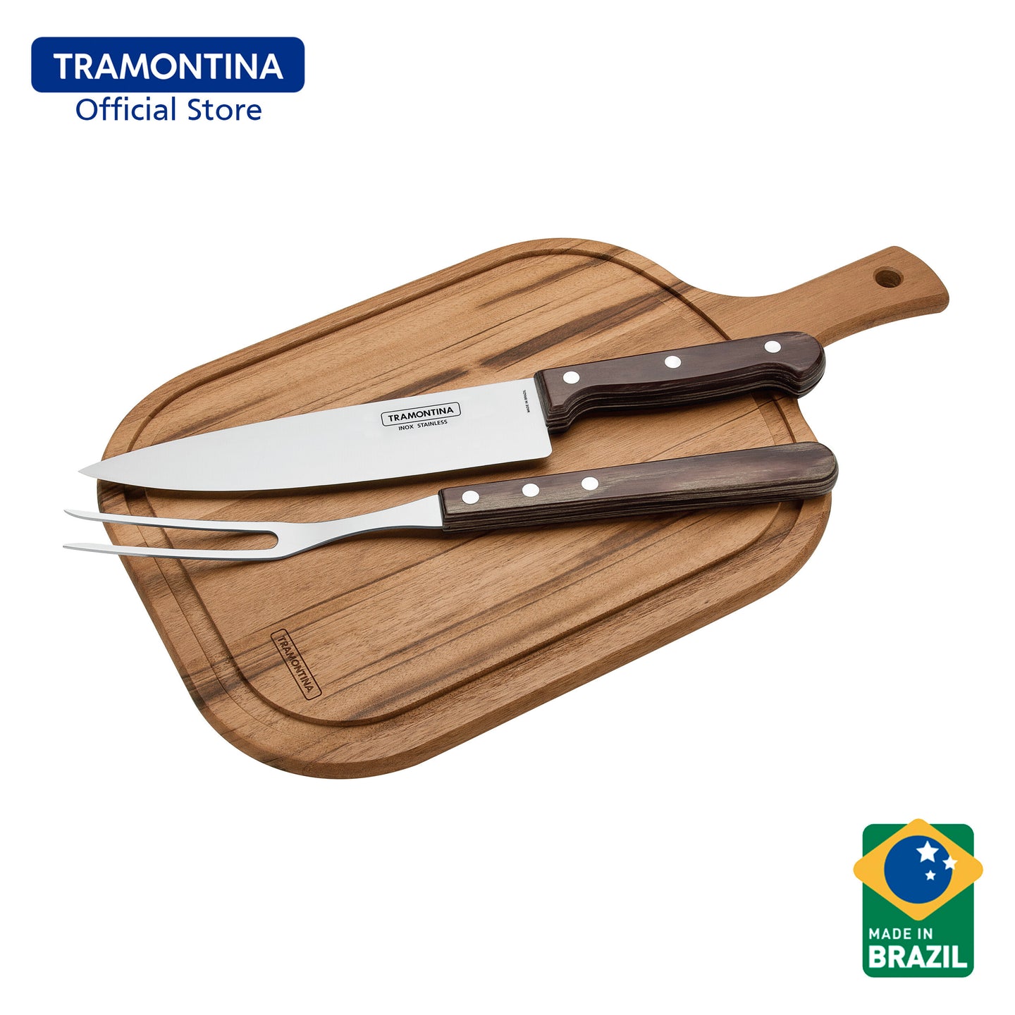 Tramontina Barbecue Knife with Wooden Cutting Board Set 3pcs (Polywood)