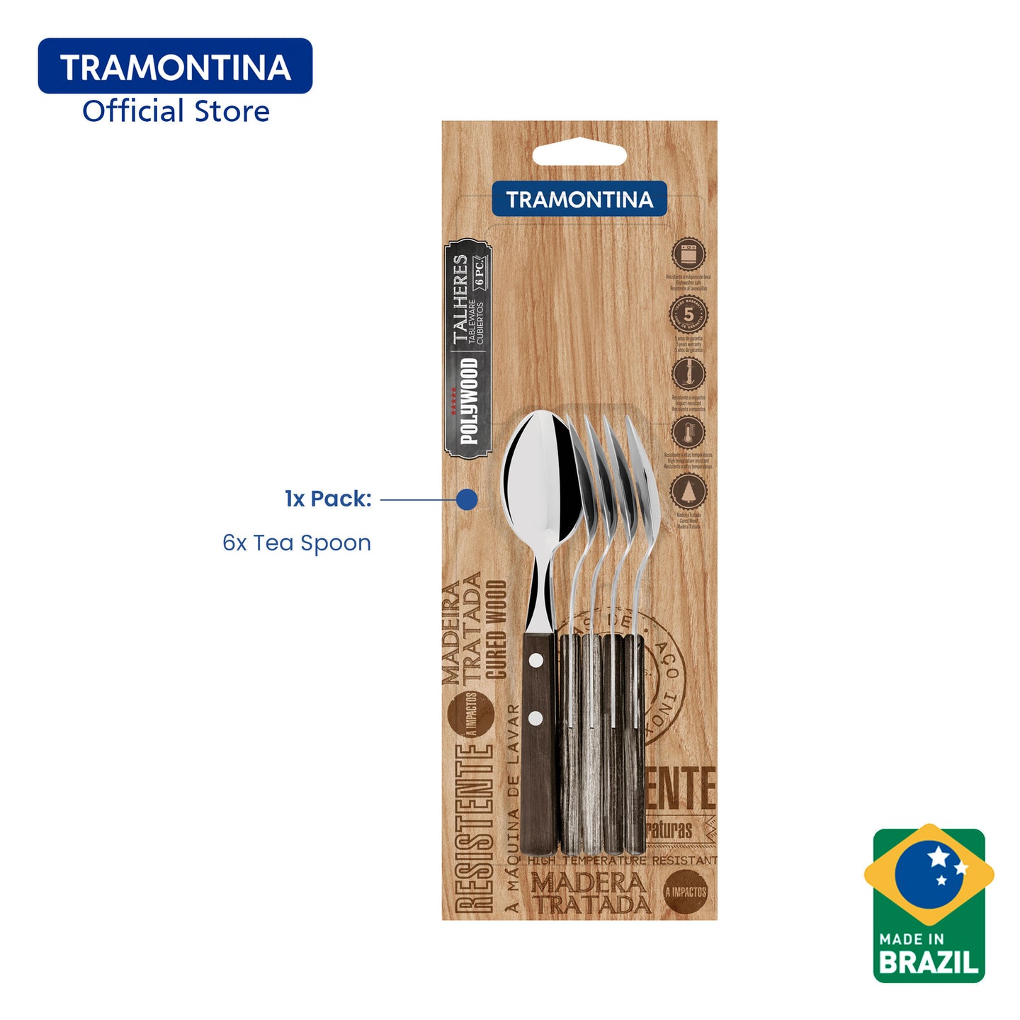 Tramontina Stainless Steel Tea Spoon Set 6pcs (Polywood)