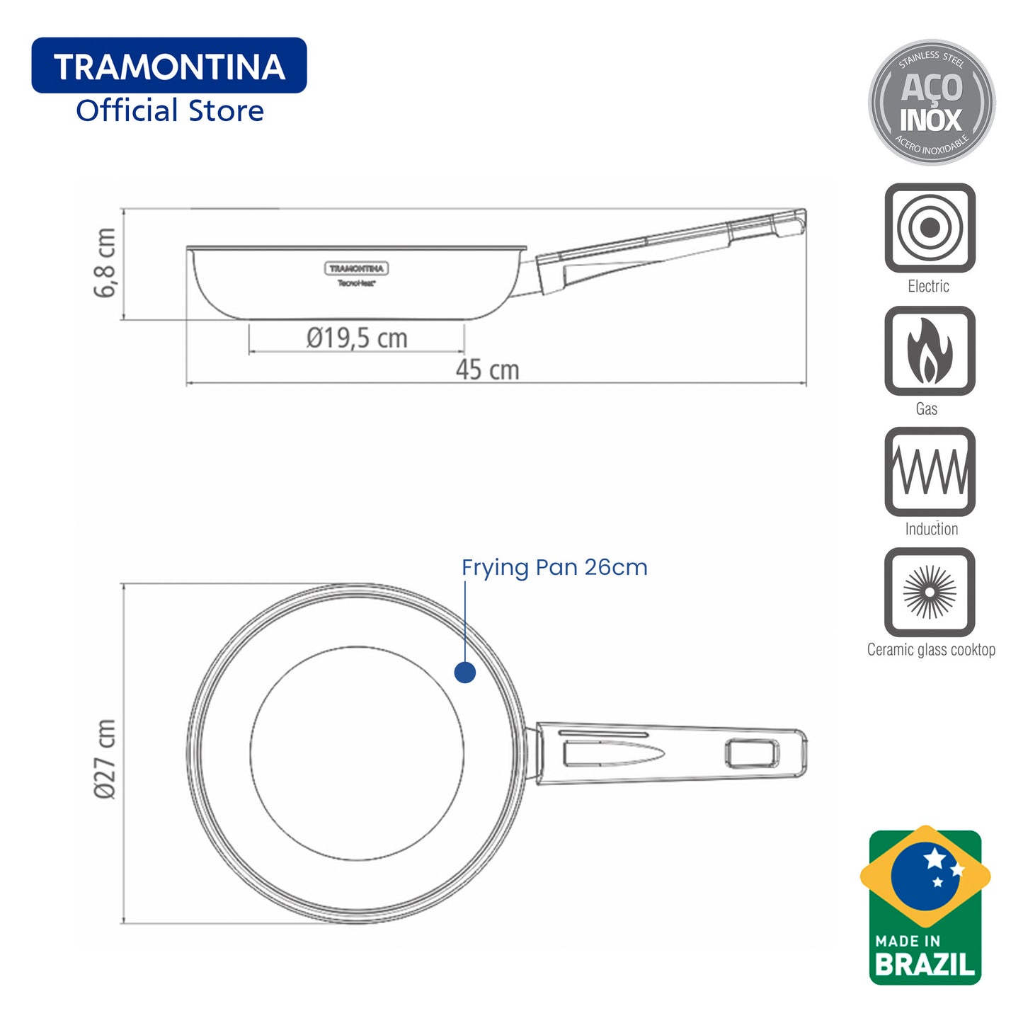 Tramontina Stainless Steel Frying Pan with Tri-ply body 20cm (Grano)