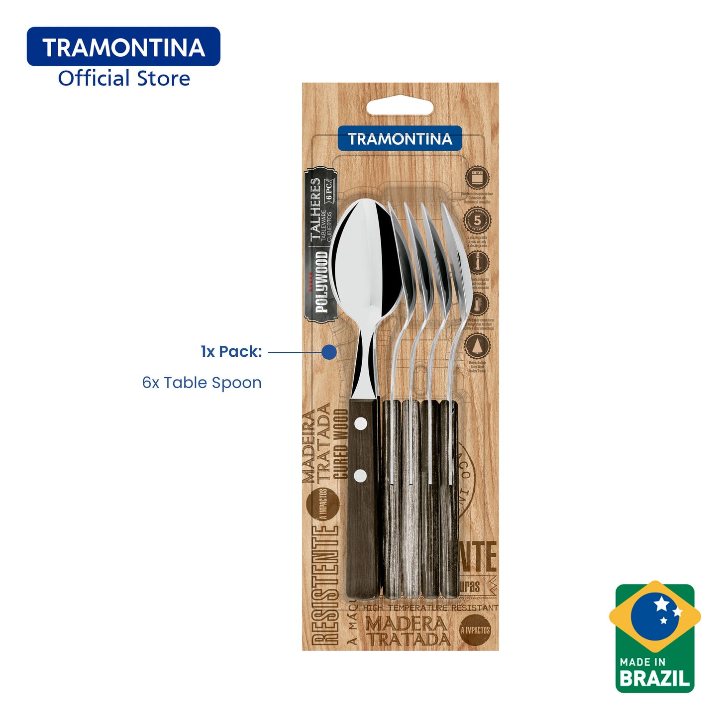 Tramontina Stainless Steel Dining Spoon Set 6pcs (Polywood)