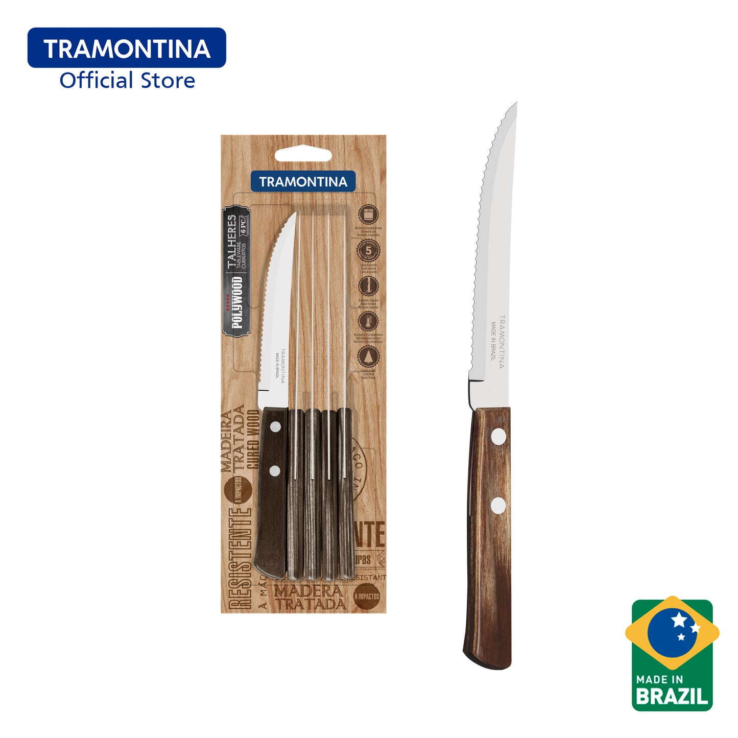 Tramontina Stainless Steel Steak Knife Set 6pcs (Polywood)