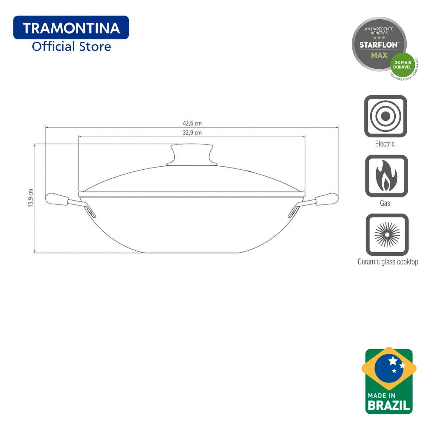 Tramontina Non Stick Chinese Wok with Lid 32cm (Paris)