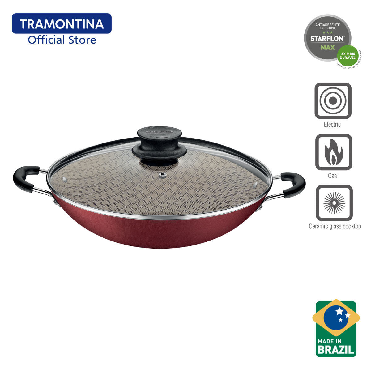 Tramontina Non Stick Chinese Wok with Tempered Lid 36cm (Paris)