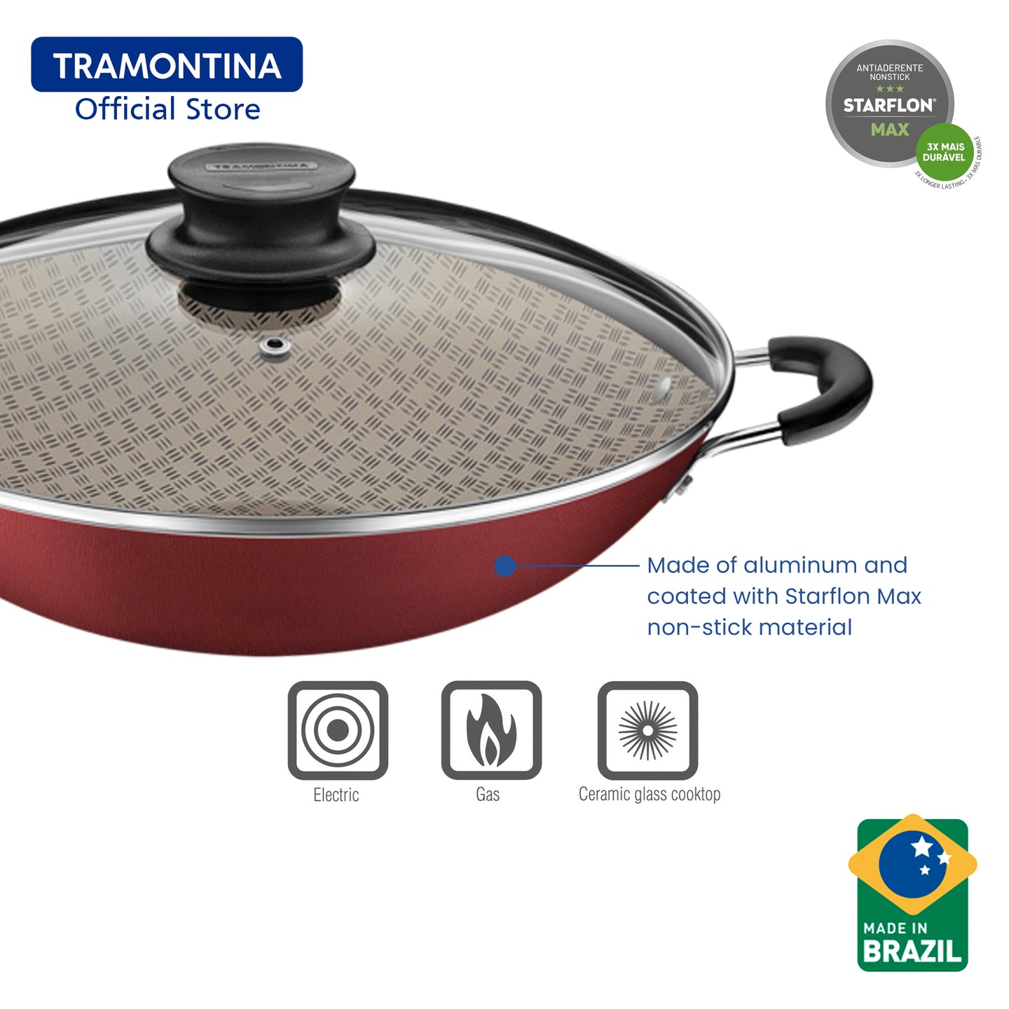 Tramontina Non Stick Chinese Wok with Lid 32cm (Paris)