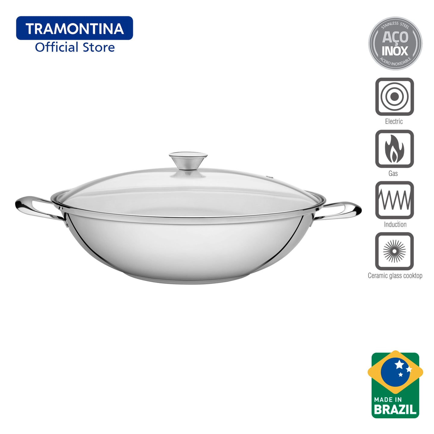 Tramontina Stainless Steel Wok 34cm with Lid (Ventura)