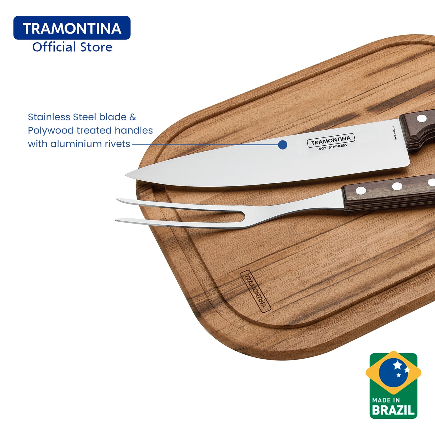 Tramontina Barbecue Knife with Wooden Cutting Board Set 3pcs (Polywood)