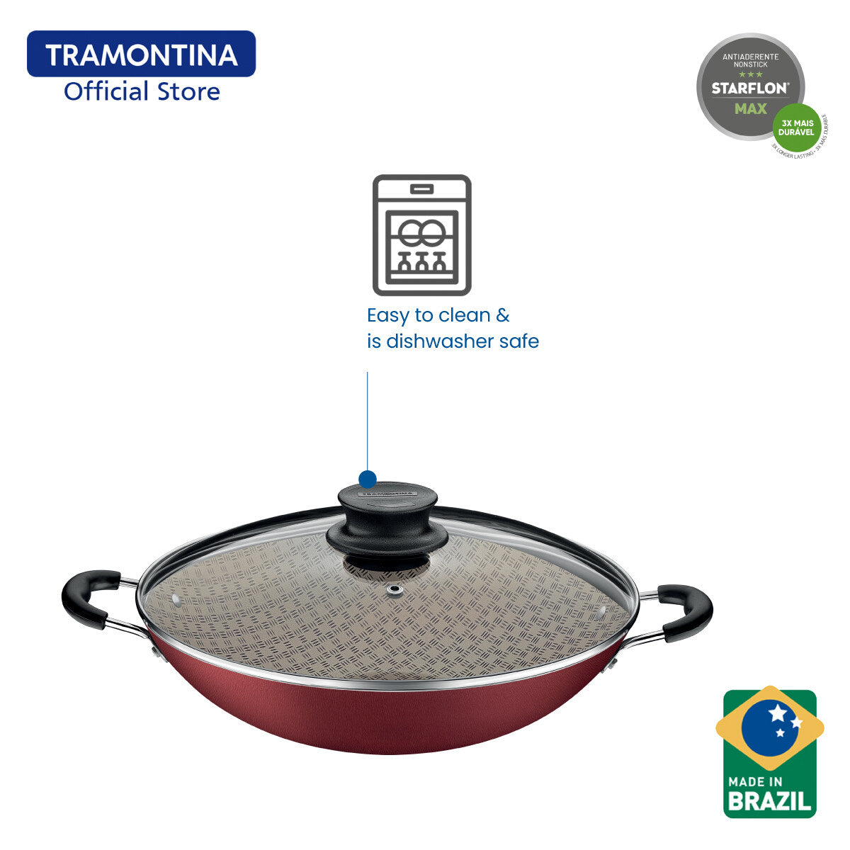 Tramontina Non Stick Chinese Wok with Tempered Lid 36cm (Paris)